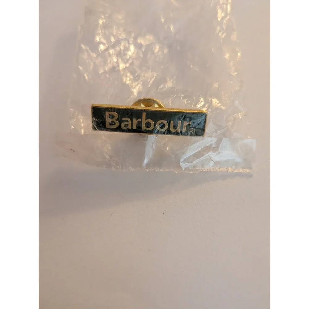 Barbour Logo Enamel Pin Badge Gold Tone Black Rectangular Jacket Accessory
